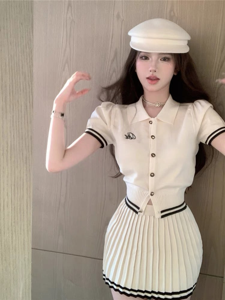 Xiaoxiangfeng College Suit Women's Summer French Polo Neck Knitted Top + Pure Desire Pleated Skirt Two-piece Set