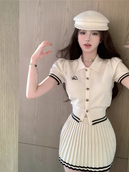 Xiaoxiangfeng College Suit Women's Summer French Polo Neck Knitted Top + Pure Desire Pleated Skirt Two-piece Set