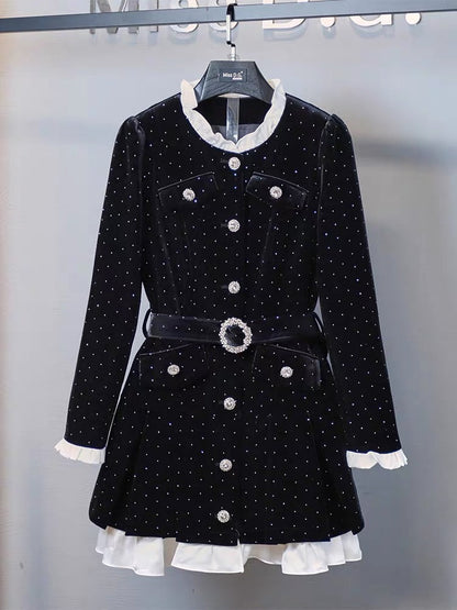 Miss DG ladylike temperament slim little fragrant dress 2023 autumn and winter high-end patchwork waist dress (D0678)