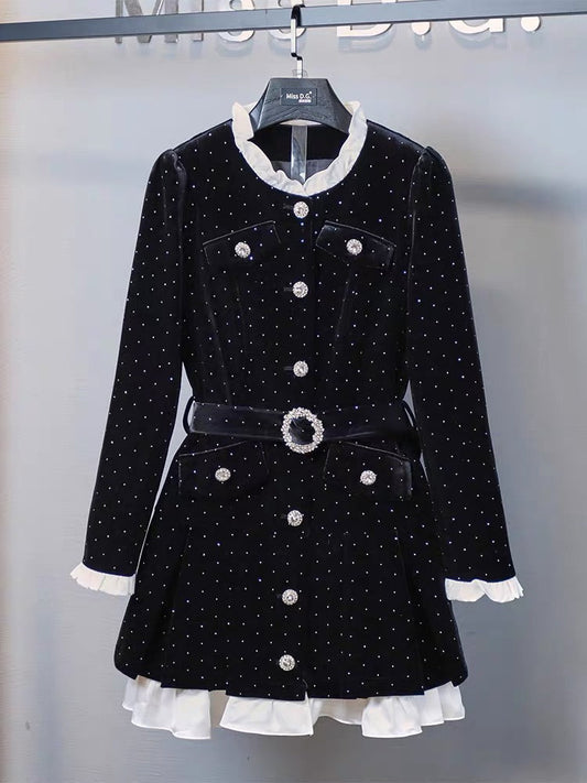 Miss DG ladylike temperament slim little fragrant dress 2023 autumn and winter high-end patchwork waist dress (D0678)