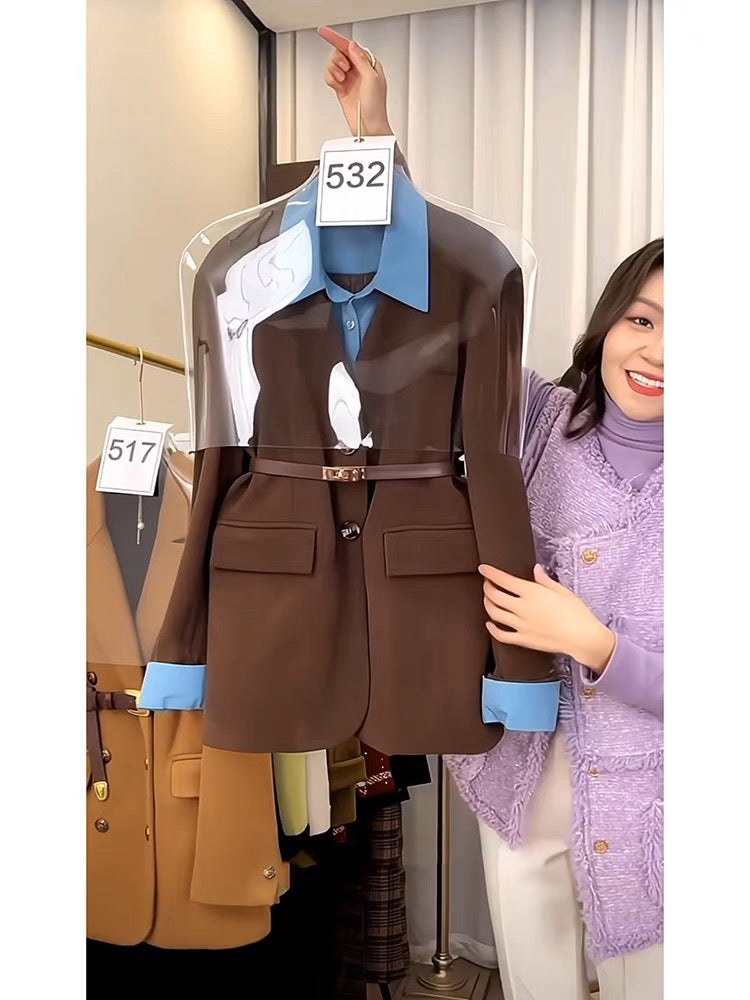 High-end street-style small suit, unique design, fake two-piece small fragrant coffee color splicing suit jacket for women in early autumn