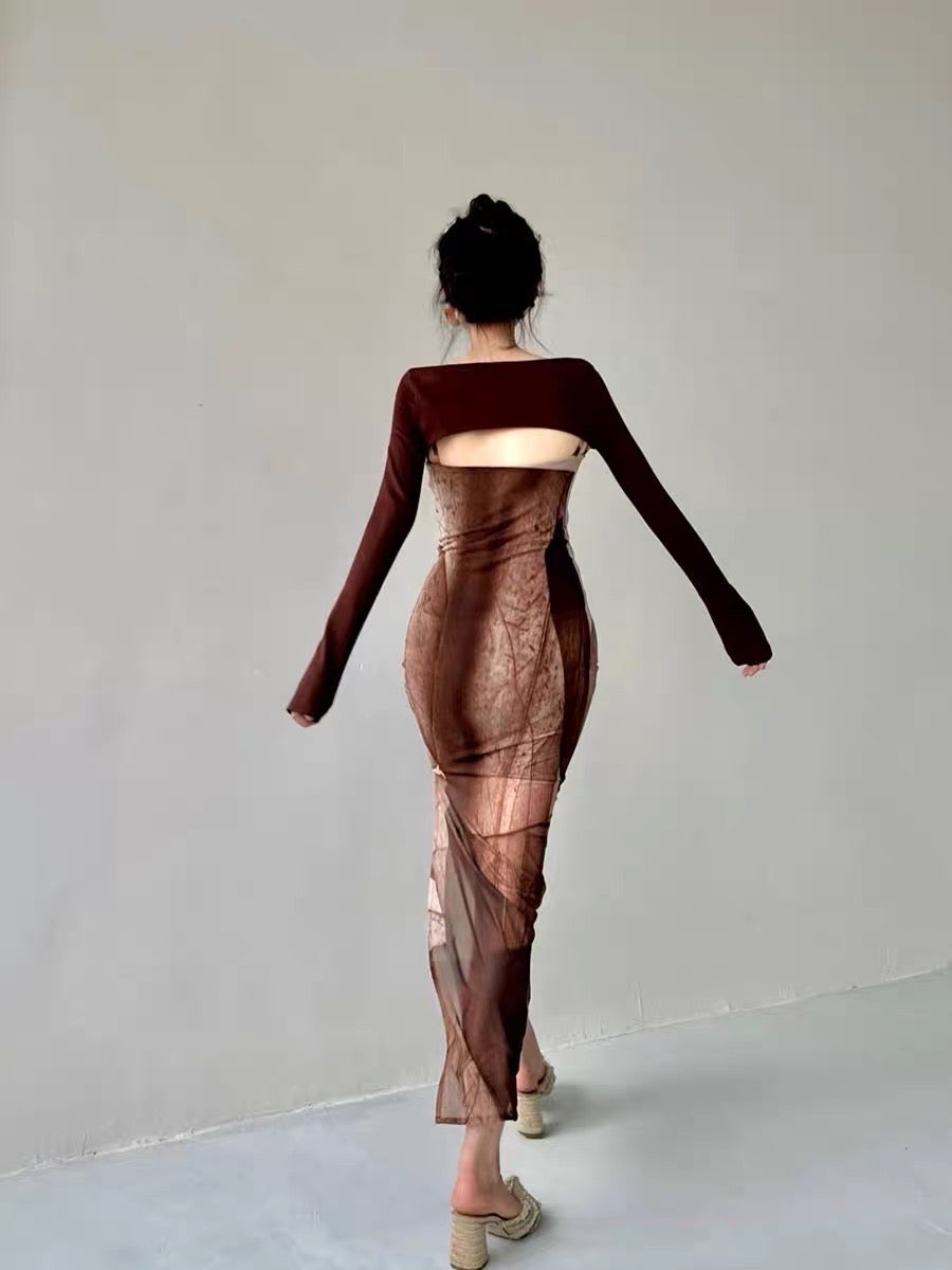 Le Disa Maillard wears a two-piece suit with brown temperament and double-layer mesh hollow elastic dress