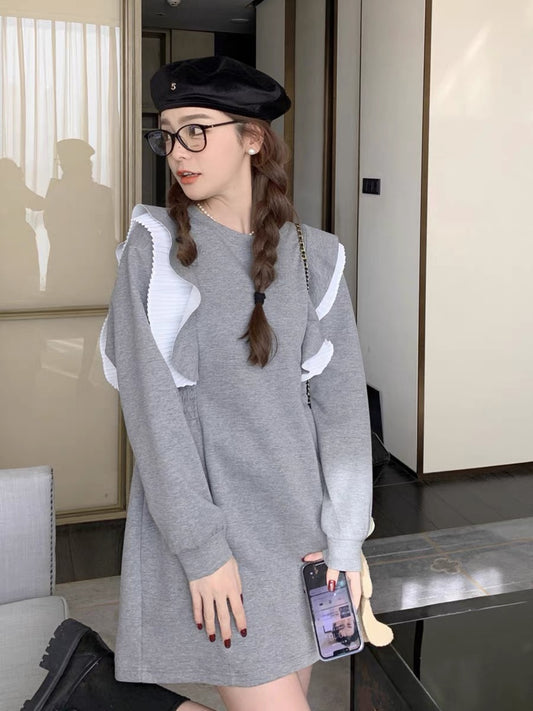 Gray design splicing sweatshirt skirt for spring and autumn women 2023 new Korean style age-reducing slimming small fungus skirt