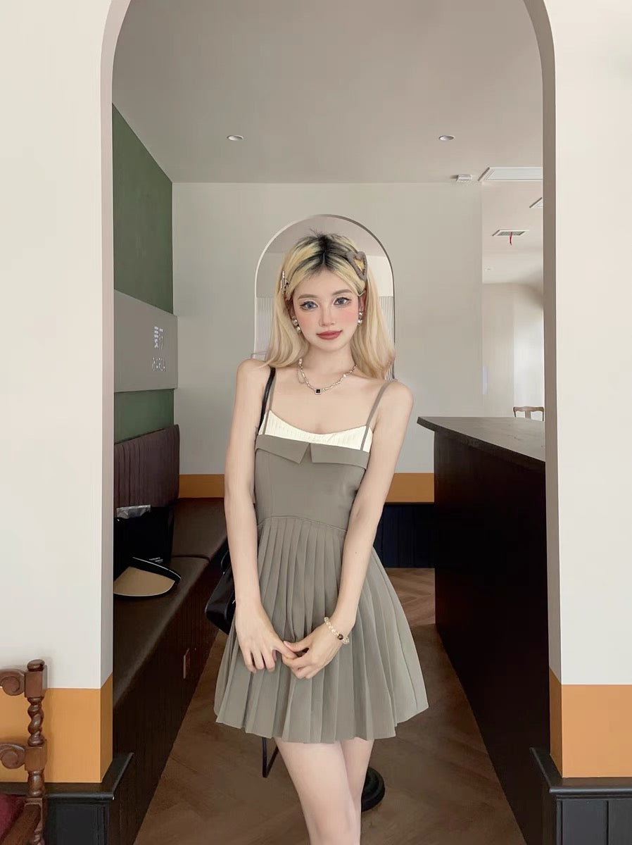 MOXI summer new brown suspender waist commuting stitching pleated A-line dress