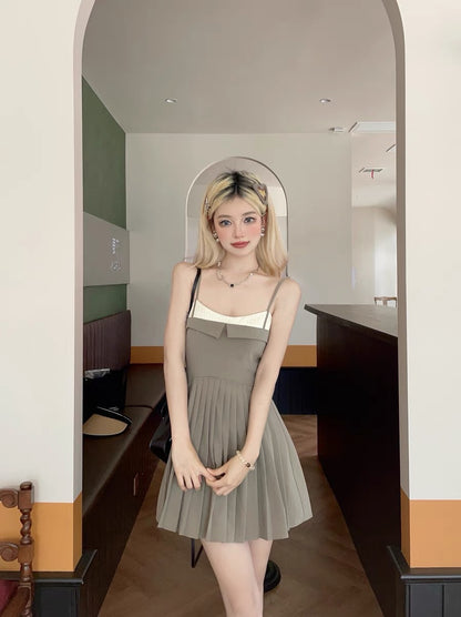 MOXI summer new brown suspender waist commuting stitching pleated A-line dress