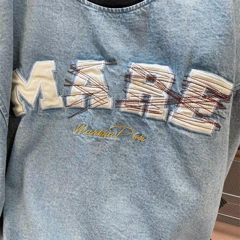 Guochao American oversize high street washed denim letter embroidery t-shirt female hiphop shoulder short-sleeved top