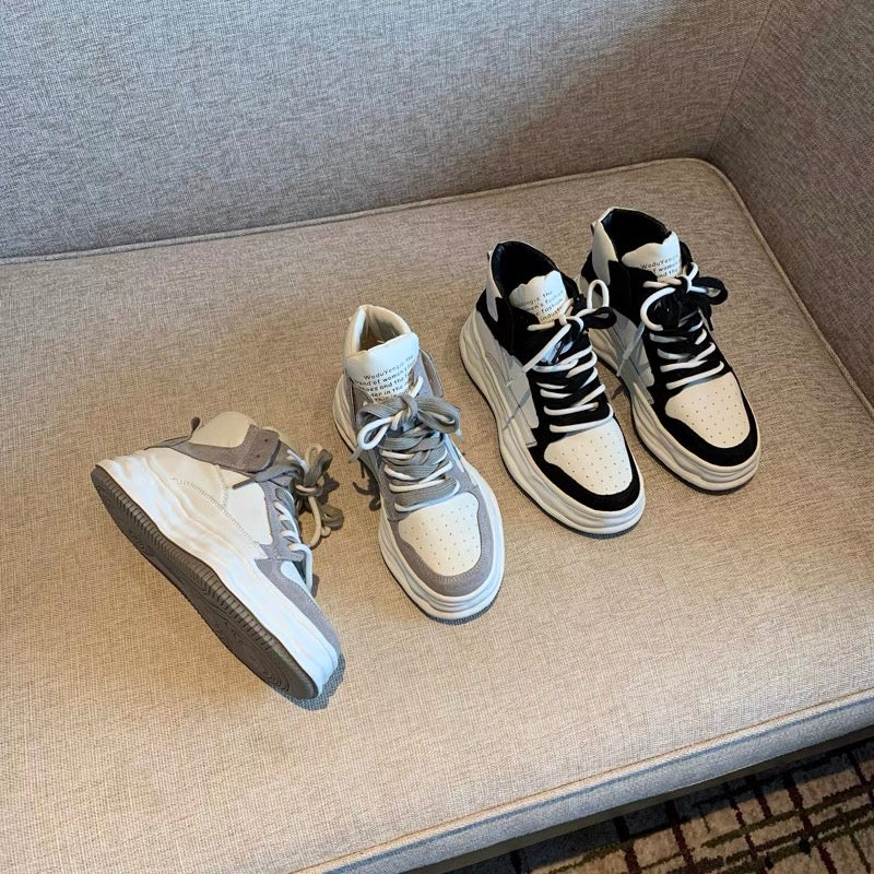 High-top casual shoes women's ins2023 new color-blocking lace-up leather thick-soled sneakers women's shoes heightening melting shoes (G013)