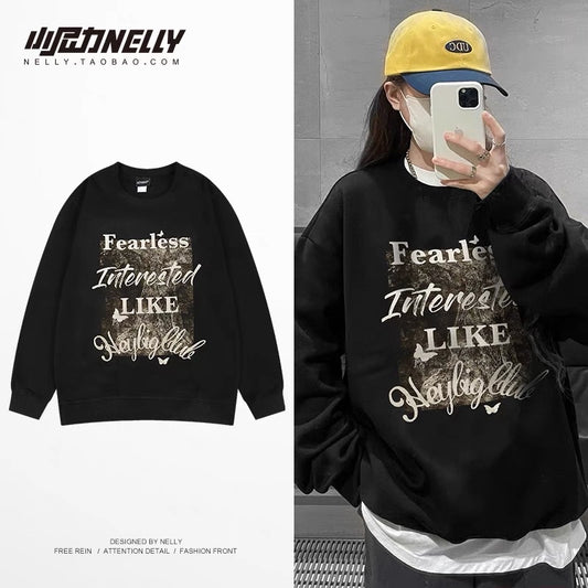 oversize street trendy brand letter printed round neck plus velvet sweatshirt for men and women 2023 autumn loose tops for couples