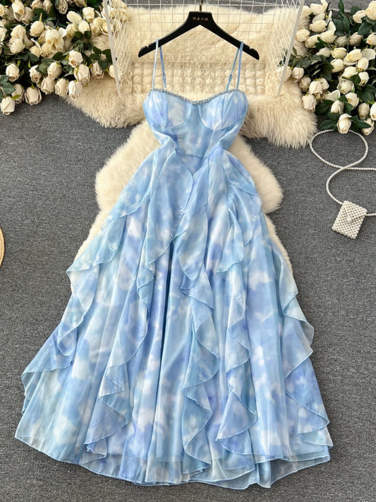 Super fairy suspender dress for women in early autumn with heavy industry diamond-encrusted tube top, sleeveless waist, temperament ruffled fairy skirt