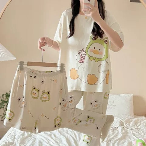 Pajamas women's short-sleeved trousers summer cotton thin junior high school students 13 girls big children cartoon cute three-piece set