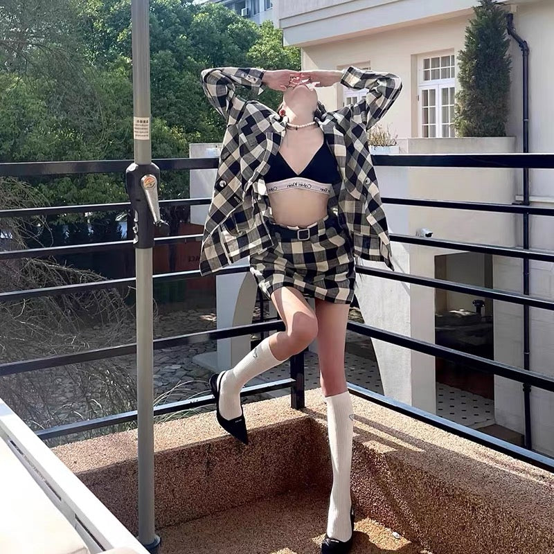 2023 Spring and Autumn New Hong Kong Style Retro Thin Black and White Plaid Shirt Jacket Hip-covering Short Skirt Two-piece Suit for Women