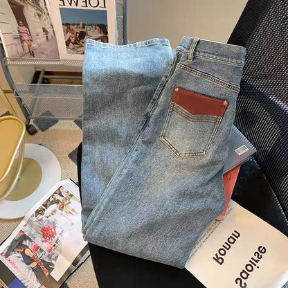 Hong Kong chic retro washed high-waisted jeans for women early autumn new design slim slim straight pants trendy