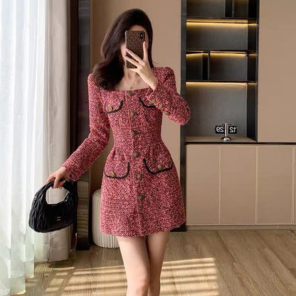 High-end red tweed small fragrant dress for women autumn 2023 new style small New Year skirt retro