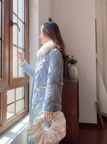 Nori Gentle Wind Down Cotton Jacket for Women Winter Retro Small Fragrance Style Real Fox Fur Collar Waist Mid-Length Cotton Jacket