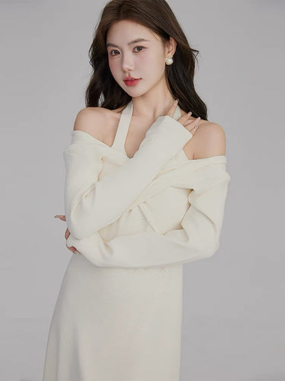 Volstagg white knitted halterneck dress women's autumn French off-shoulder two-wear inner bottoming mid-length skirt