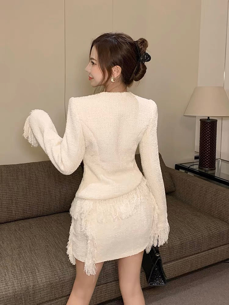 Celebrity Xiaoxiang Style Suit Women's Autumn and Winter Tweed Temperament Top High Waist Slim Tassel Half Skirt Two-piece Set