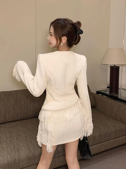 Celebrity Xiaoxiang Style Suit Women's Autumn and Winter Tweed Temperament Top High Waist Slim Tassel Half Skirt Two-piece Set