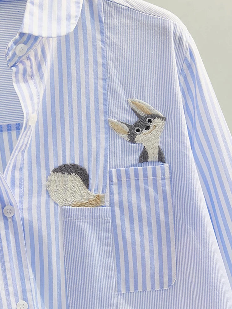 Childlike squirrel embroidered cotton shirt for women 2024 spring and summer new long-sleeved loose striped stitching casual shirt trend