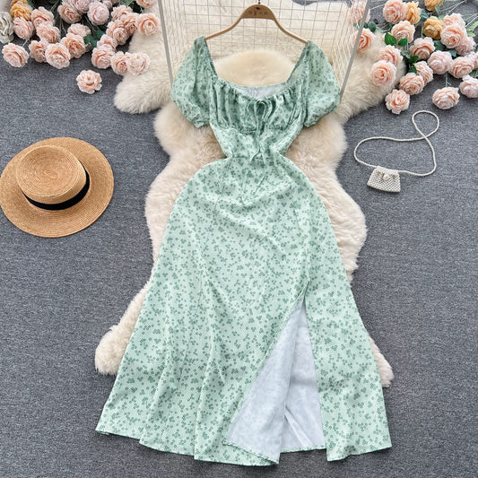 French pure desire high-grade floral puff sleeve dress for women summer slim temperament super fairy forest style slit long skirt
