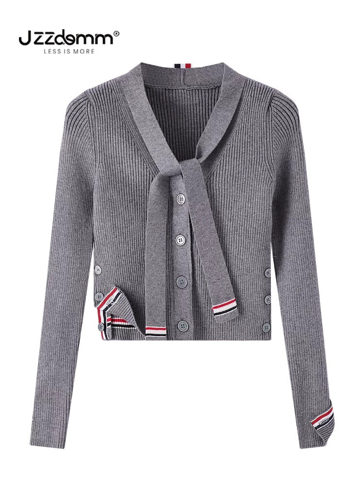 Jiuzhou Chengpin/JZZDEMM lace-up three-color stripes Korean style fashion temperament slim-fitting ribbed V-neck short cardigan for women