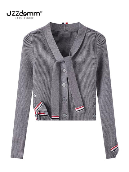 Jiuzhou Chengpin/JZZDEMM lace-up three-color stripes Korean style fashion temperament slim-fitting ribbed V-neck short cardigan for women