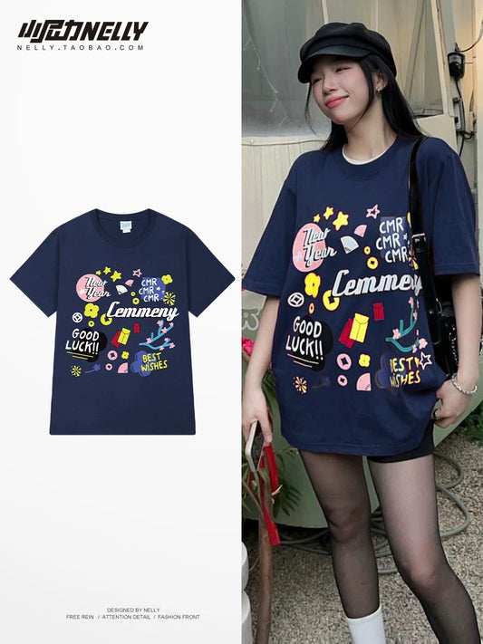 American cartoon cat print round neck short sleeve men and women summer 2025 couple pure cotton t-shirt half sleeve bottoming shirt trend