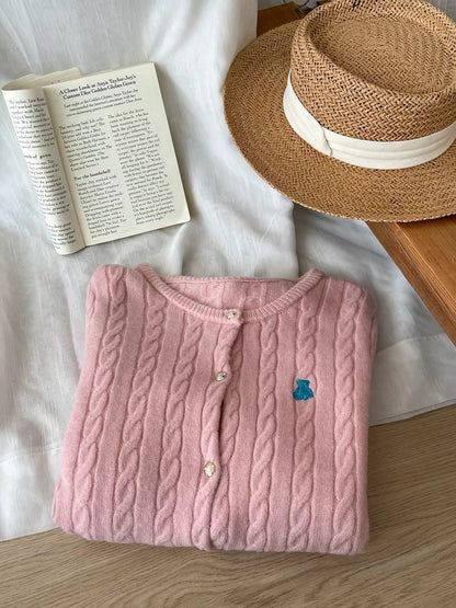 Women's Japanese/Korean-style retro cable-knit cardigan; soft, cozy, and versatile with a round neck and cute bear embroidery—perfect for autumn.