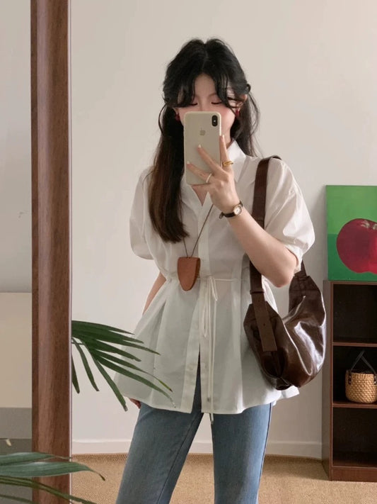 White v-neck shirt for women summer 2024 new style waist design thin sun protection shirt French temperament top