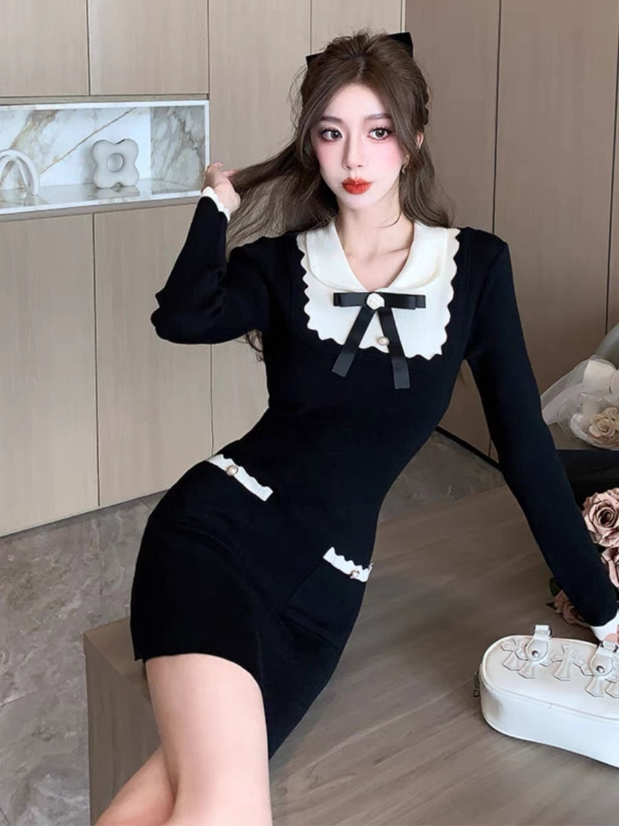 Minimalist bow ruffled contrasting color knitted dress for women winter small fragrant style bottoming sweater hip-hugging miniskirt D5511