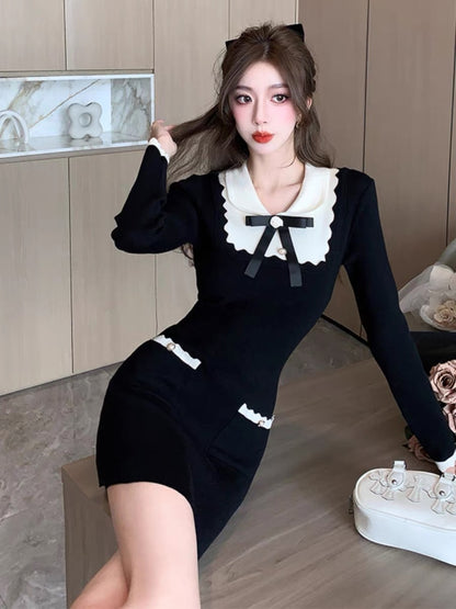 Minimalist bow ruffled contrasting color knitted dress for women winter small fragrant style bottoming sweater hip-hugging miniskirt D5511