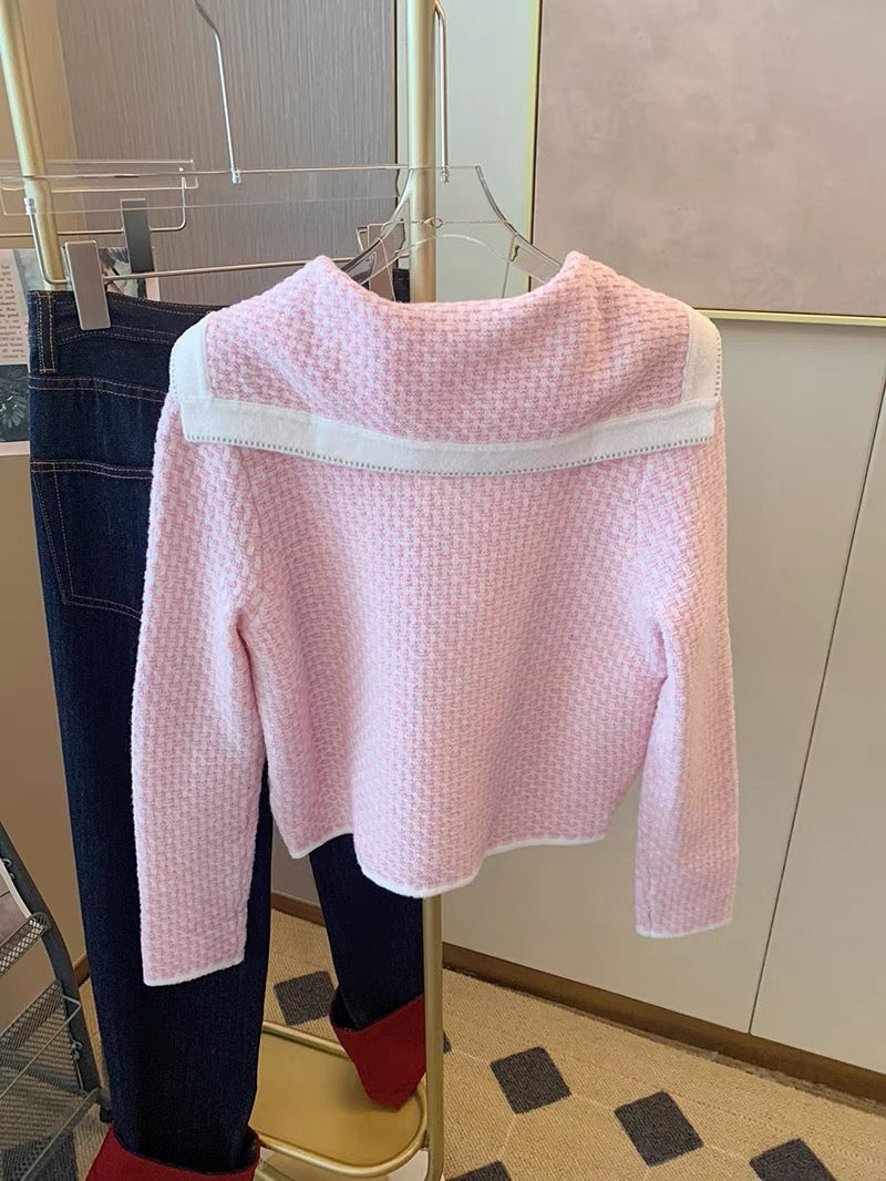 Xiaoxiang style pink navy collar knitted cardigan autumn and winter women's 2023 new style gentle style sweet short sweater jacket