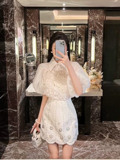 BETTER LS Chanel style suit for women French puff sleeves white shirt beaded skirt high-end two-piece suit