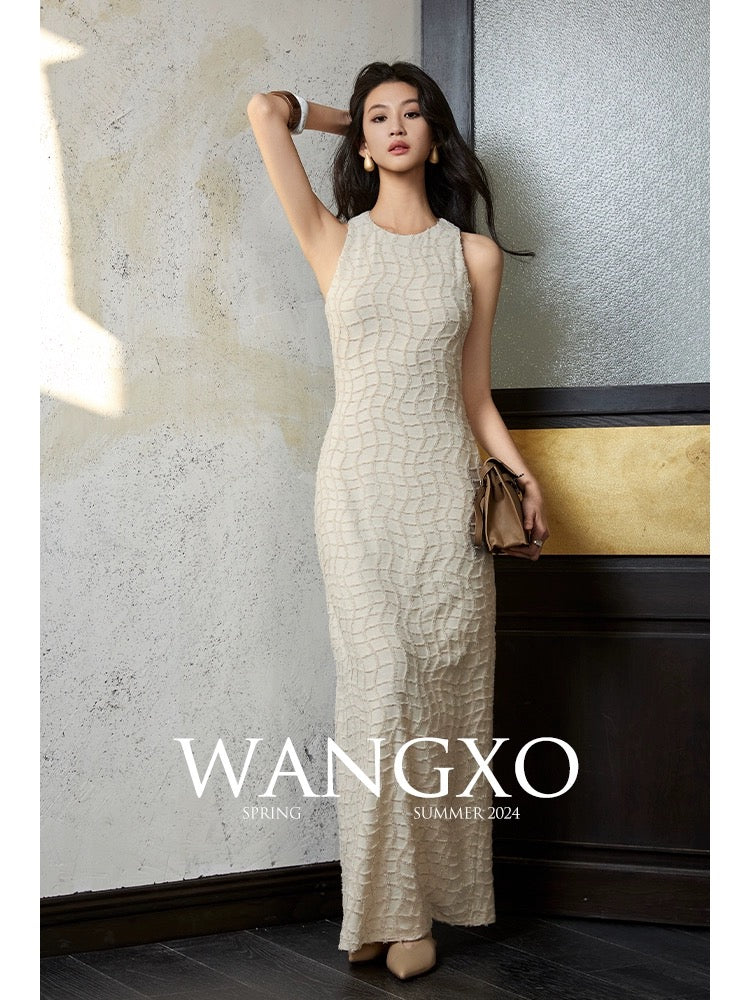 WANGXO丨Customized stretch bright silk tassel check丨Sleeveless/short-sleeved round neck waist dress