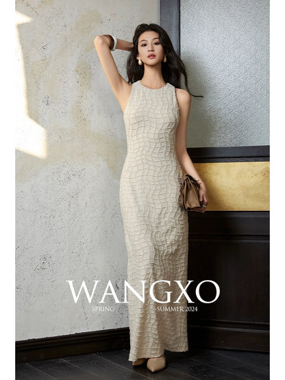 WANGXO丨Customized stretch bright silk tassel check丨Sleeveless/short-sleeved round neck waist dress