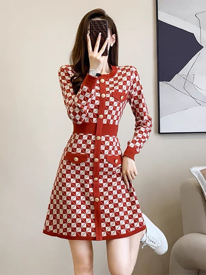 New autumn and winter French style long-sleeved small fragrant style Polo collar plaid dress with feminine temperament and slim fit with knitted skirt inside D7792