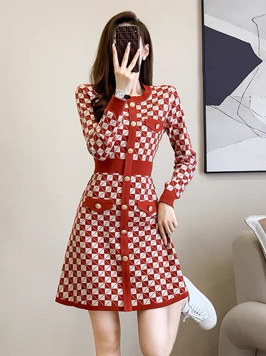 New autumn and winter French style long-sleeved small fragrant style Polo collar plaid dress with feminine temperament and slim fit with knitted skirt inside D7792