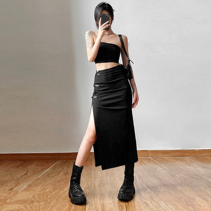 KLIOU New Chinese style retro buckle slit black skirt for women with pleated slimming hip mid-length skirt