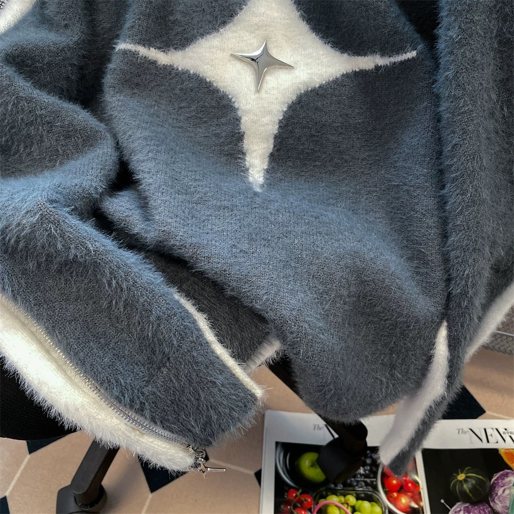 American retro stitching contrast color star zipper off-shoulder sweater for men and women autumn and winter lazy style mohair knitted jacket