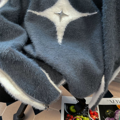 American retro stitching contrast color star zipper off-shoulder sweater for men and women autumn and winter lazy style mohair knitted jacket