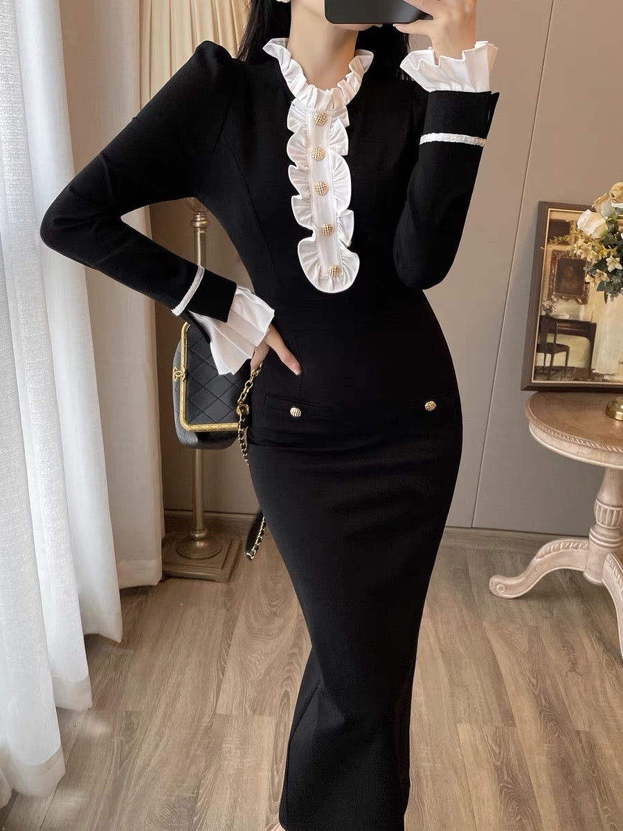 Two-piece suit women's autumn clothes new western style fashionable French retro bottoming velvet dress temperament slim long skirt