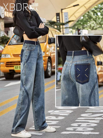 Niche design high-waisted straight-leg jeans for women with wide-leg curves and slimming 2023 autumn new contrasting color floor-length pants (P136)