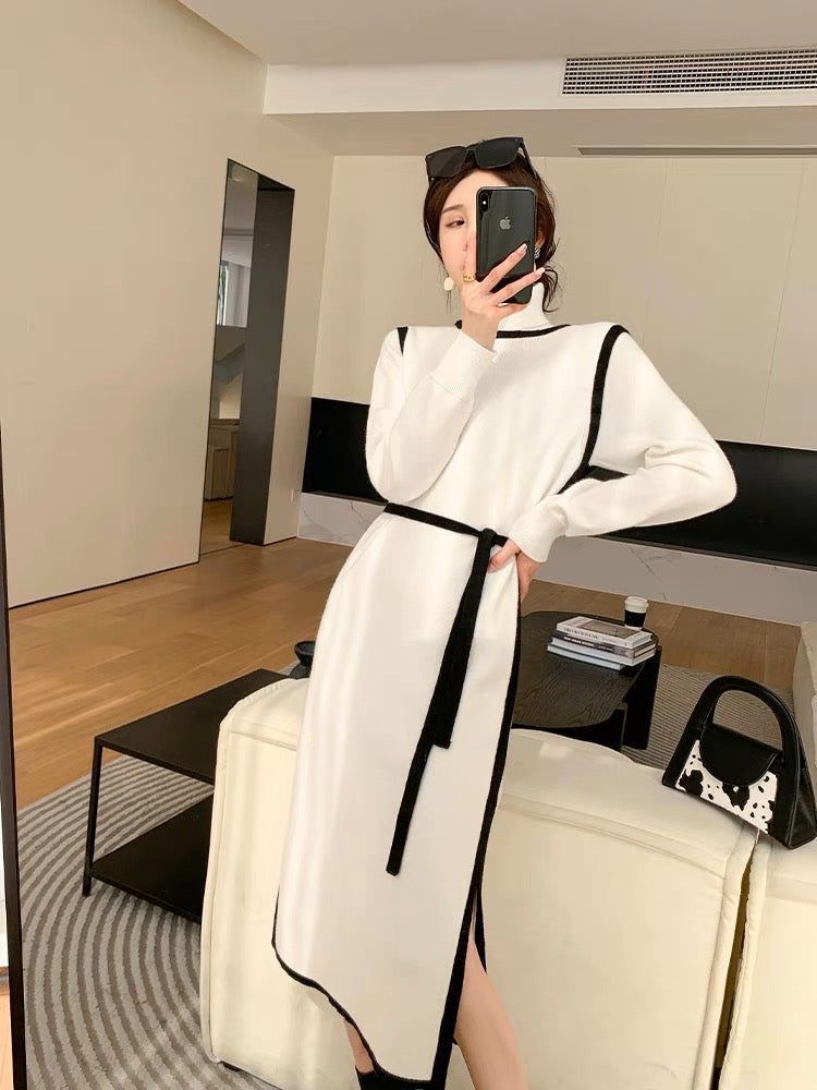 Xiaoxiangfeng white knitted dress autumn and winter new French retro temperament Hepburn style inner bottoming sweater skirt