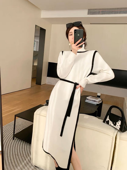 Xiaoxiangfeng white knitted dress autumn and winter new French retro temperament Hepburn style inner bottoming sweater skirt