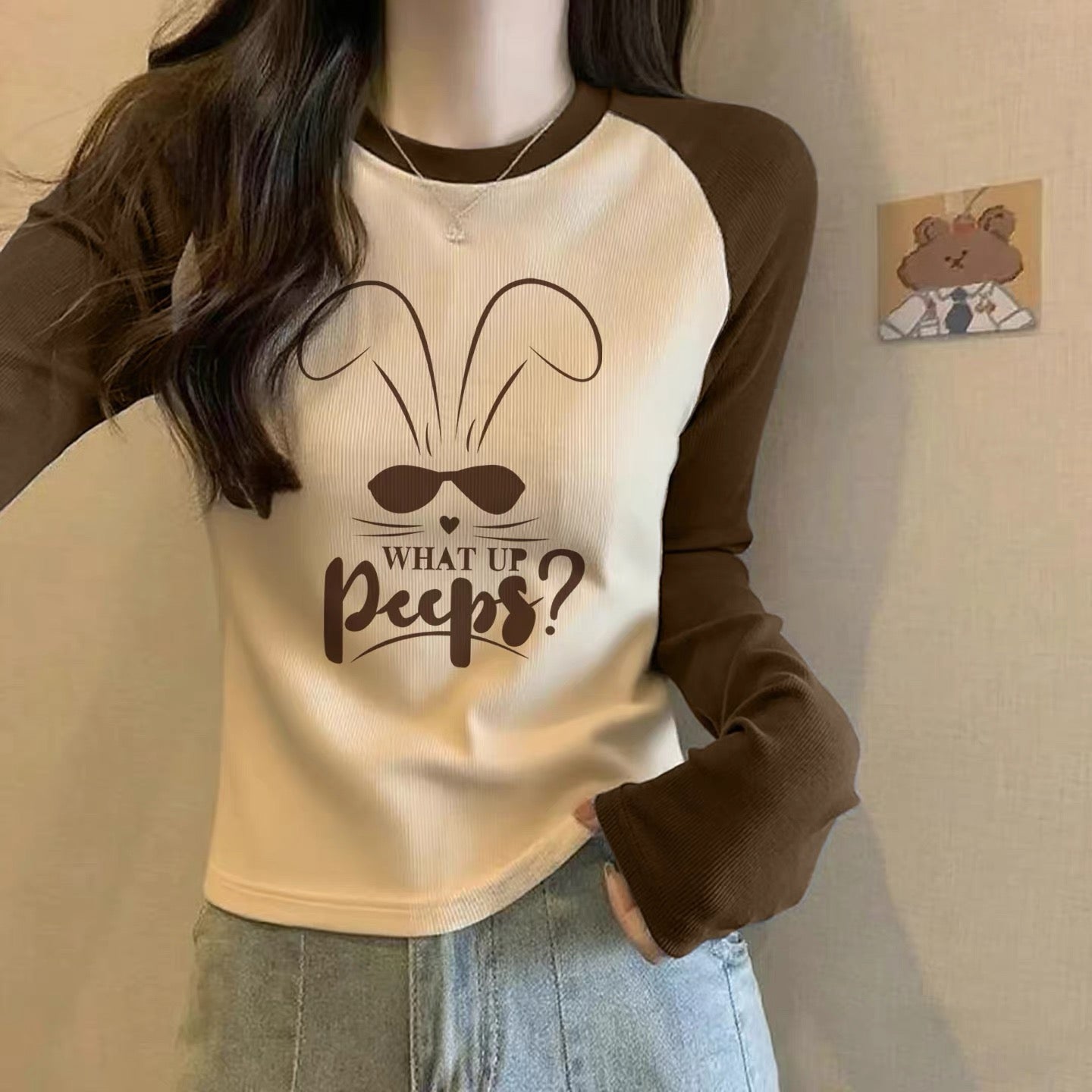 Contrast color pure cotton inner wear design sense splicing long-sleeved T-shirt female 2025 autumn and winter new European goods loose slim top M