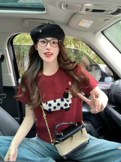 Red puppy embroidered short-sleeved T-shirt for women 2025 new spring and summer retro age-reducing design shoulder short top