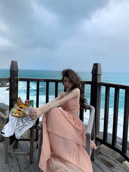 French sexy pure desire style irregular waist-revealing suspender dress female Sanya seaside holiday photo long dress