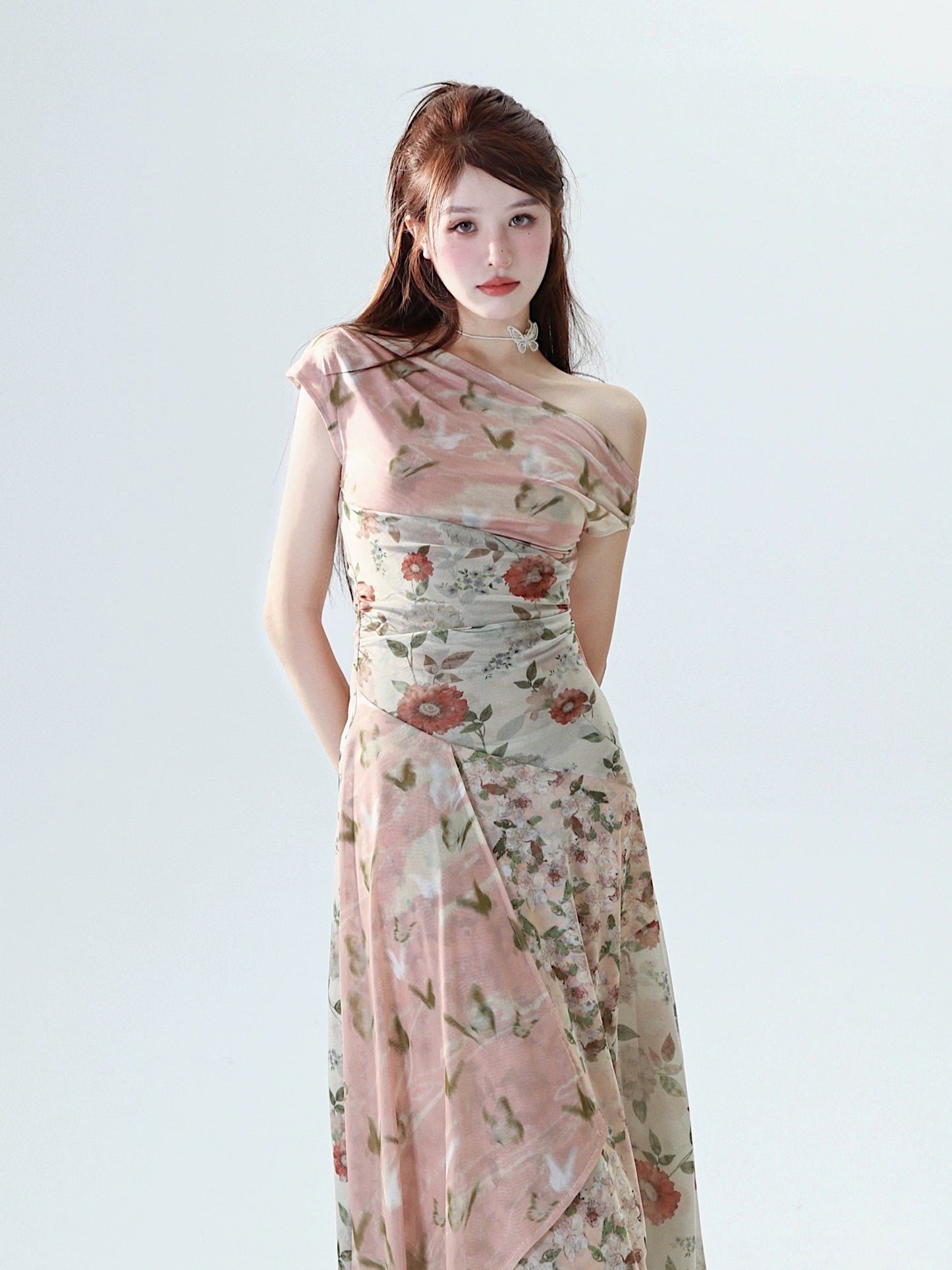 MOXI niche design stretch floral splicing sloping shoulder design slim dress exclusive travel long skirt