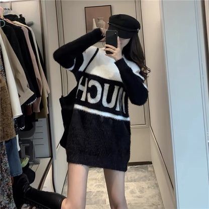 Internet celebrity plush design niche off-shoulder contrasting color scheming women's sweater lettered mid-length over-the-hip sweater for women T3443