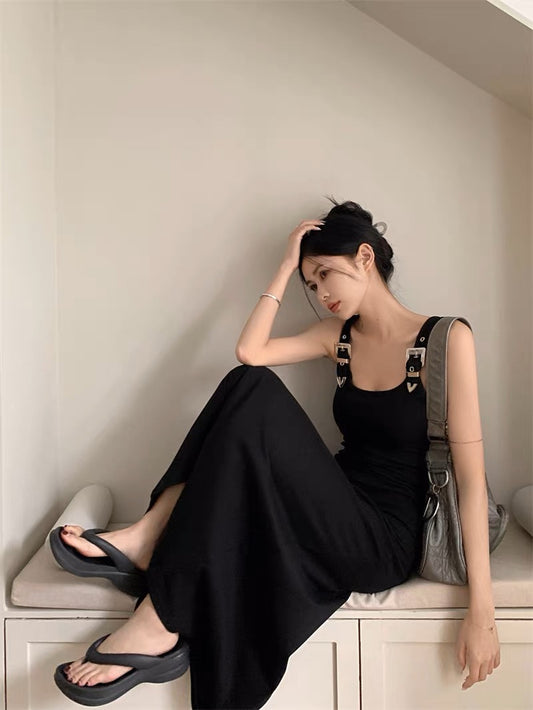 American workwear buckle suspender dress for women summer waist slit vest long skirt sweet hottie black a-line skirt