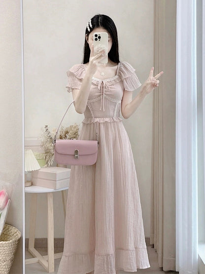 Platycodon French gentle style small flying sleeve dress women's summer texture high-end waist slimming fairy long dress